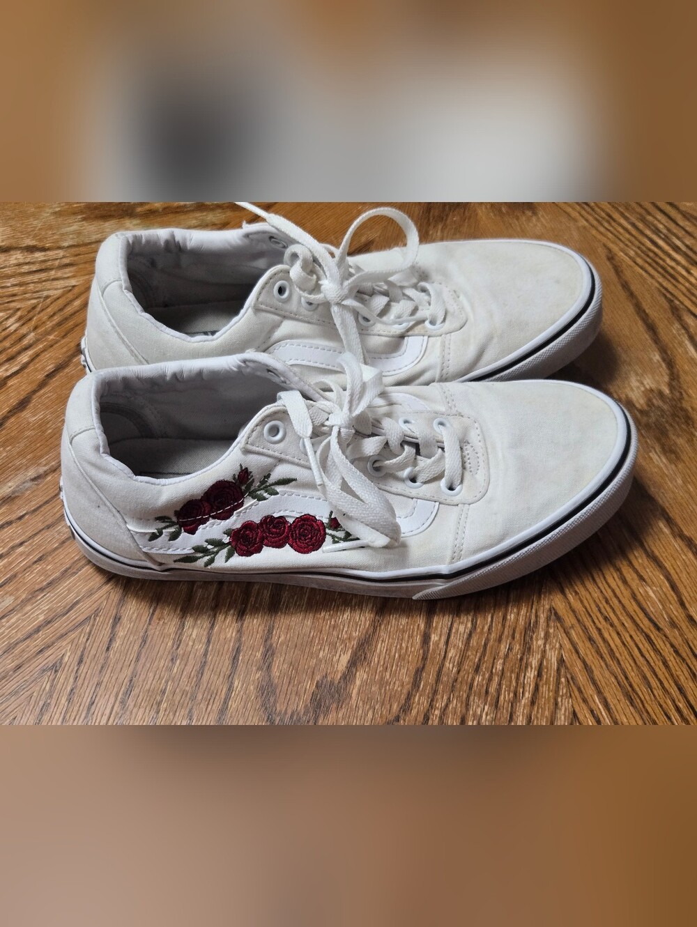 Vans White Canvas Sneakers with Red Rose Embroidery - Women's